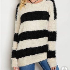 Solemio Fuzzy Black and Cream Striped Sweater